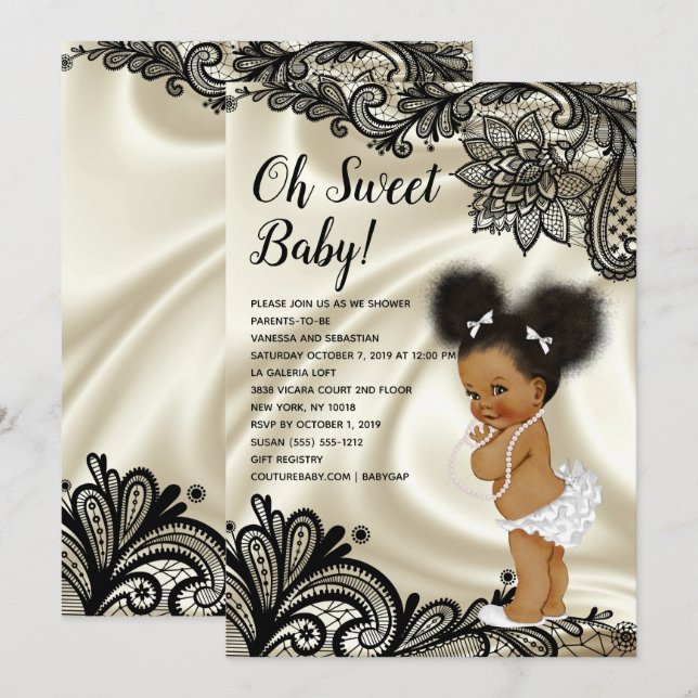 Invitación Elegante negro y marfil Baby Shower Afro Puffs (Anverso / Reverso)