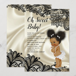 Invitación Elegante negro y marfil Baby Shower Afro Puffs