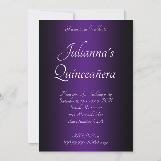 Invitación Elegante negro y morado real Ombre Quinceañera (Anverso)
