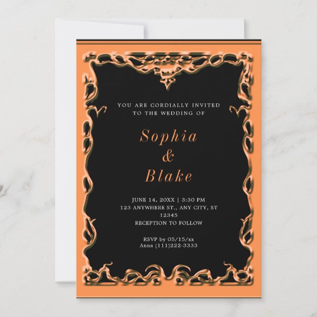 Invitación Elegante negro y Naranja Art Deco Boda (Anverso)