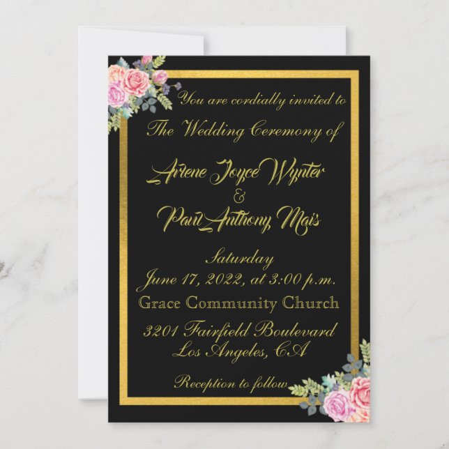 Invitación Elegante negro y oro (Anverso)