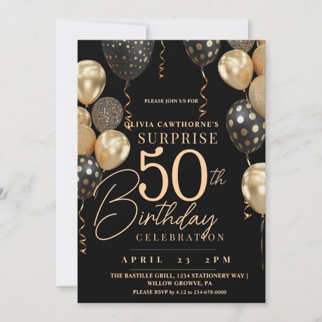 Invitación Elegante negro y oro 50.º cumpleaños de la foto (Anverso)