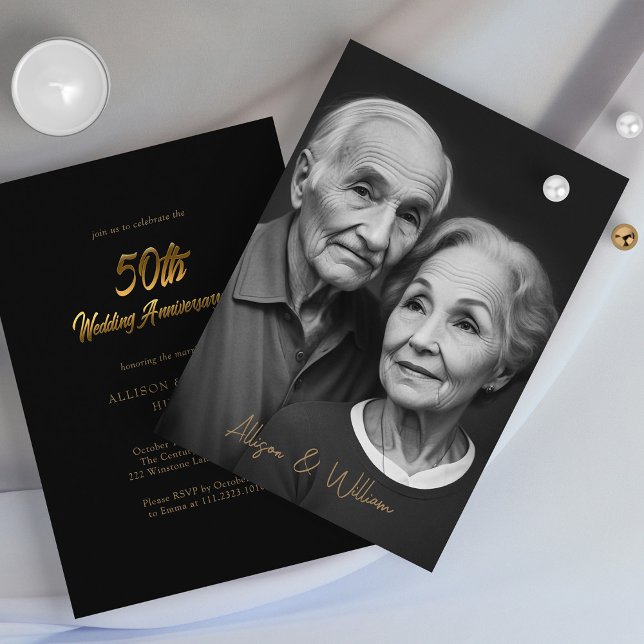 Invitación Elegante negro y oro: 50° aniversario Boda (Elegant Black and Gold 50th Wedding Anniversary Invitation)