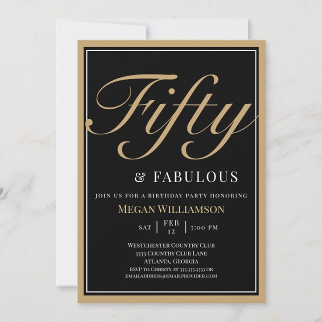 Invitación Elegante negro y oro 50 y fabuloso cumpleaños (Anverso)