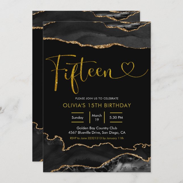 Invitación Elegante negro y oro Agate Quince cumpleaños (Anverso / Reverso)