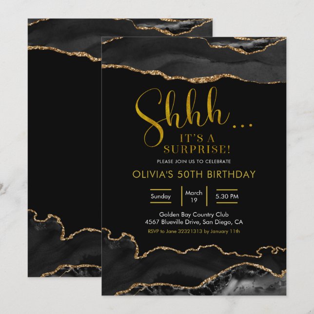 Invitación Elegante negro y oro Agate Surprise Cumpleaños (Anverso / Reverso)