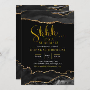 Invitación Elegante negro y oro Agate Surprise Cumpleaños