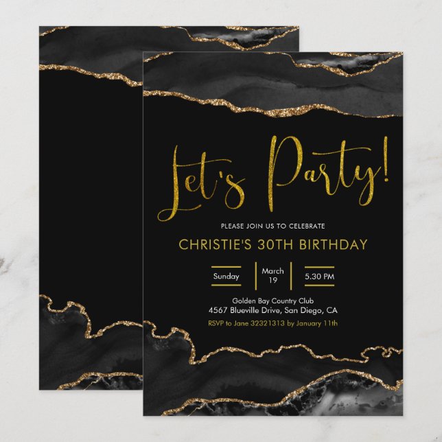 Invitación Elegante negro y oro agate vamos Fiesta (Anverso / Reverso)