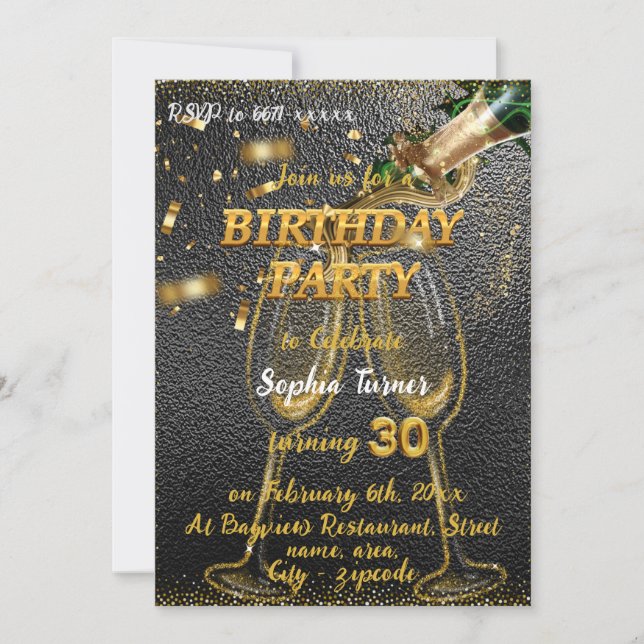 Invitación Elegante negro y oro con champagne 30 cumpleaños (Anverso)