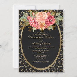 Invitación Elegante negro y oro con Rosas invitan a la boda
