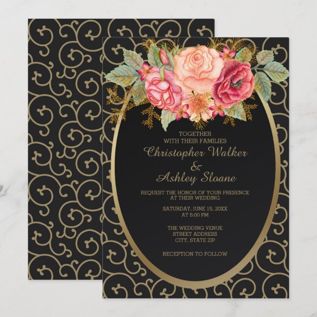 Invitación Elegante negro y oro con Rosas invitan a la boda (Anverso / Reverso)