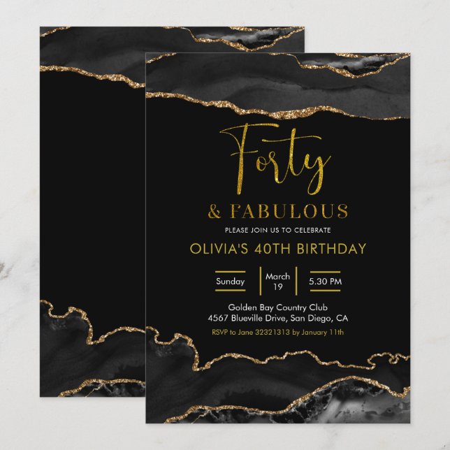 Invitación Elegante negro y oro cuarenta y fabuloso (Anverso / Reverso)