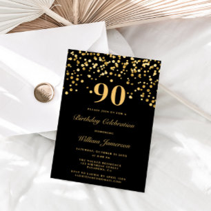 Invitación Elegante Negro Y Oro Noventa Cumpleaños