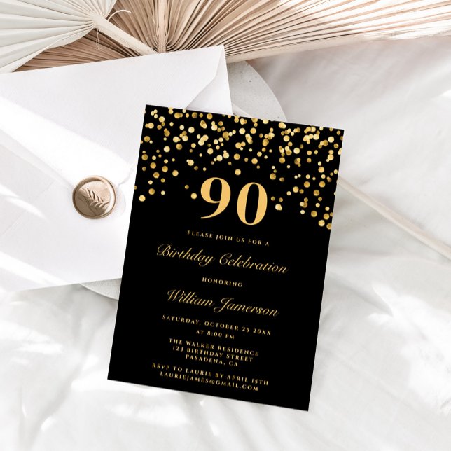 Invitación Elegante Negro Y Oro Noventa Cumpleaños (Subido por el creador)