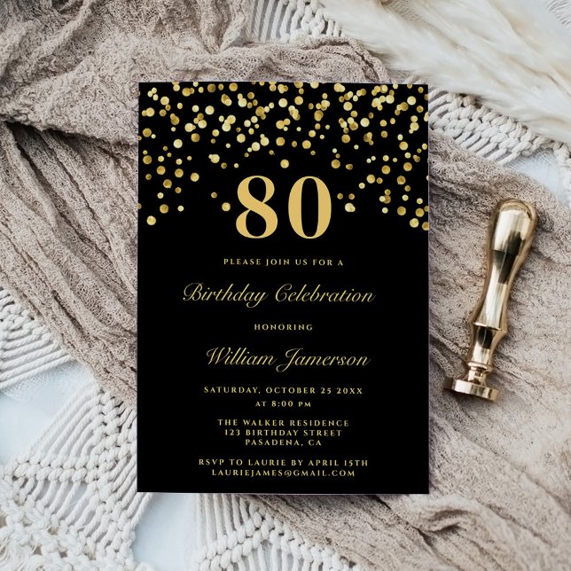 Invitación Elegante Negro Y Oro Ochenta Cumpleaños 80 (Subido por el creador)
