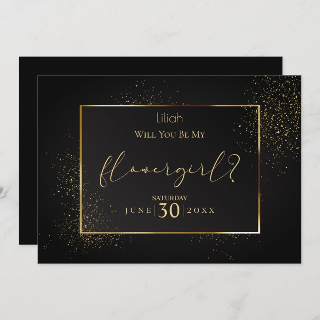 Invitación Elegante negro y oro ¿Serás mi dama de flores (Anverso / Reverso)