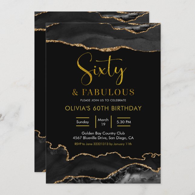 Invitación Elegante negro y oro sesenta y fabuloso (Anverso / Reverso)