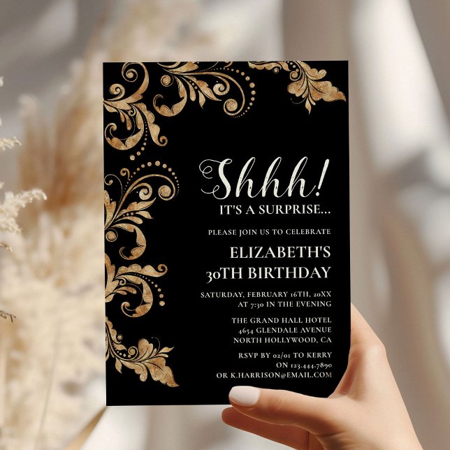 Invitación Elegante negro y oro Shhh Fiesta sorpresa cumpleañ (Subido por el creador)