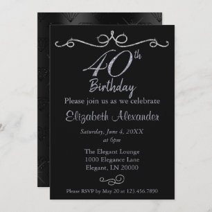 Invitación Elegante negro y plateado 40 cumpleaños