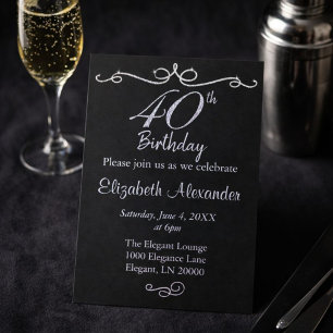 Invitación Elegante negro y plateado 40 cumpleaños