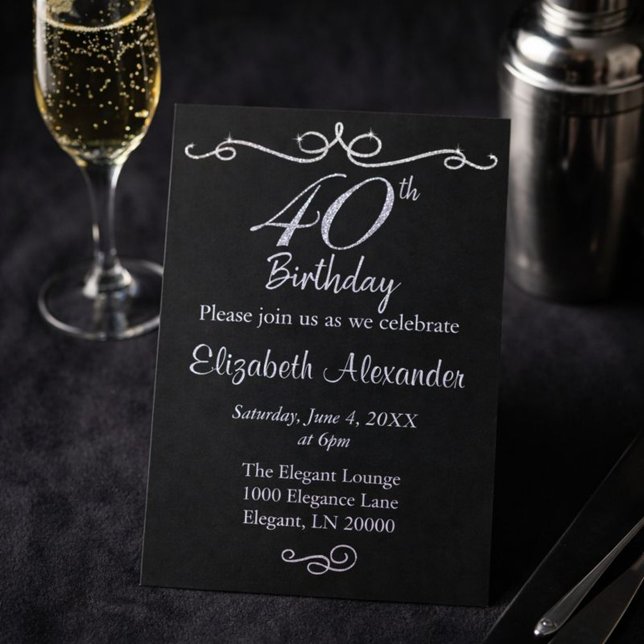 Invitación Elegante negro y plateado 40 cumpleaños (Subido por el creador)