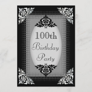 Invitación Elegante negro y plateado Cumpleaños 100