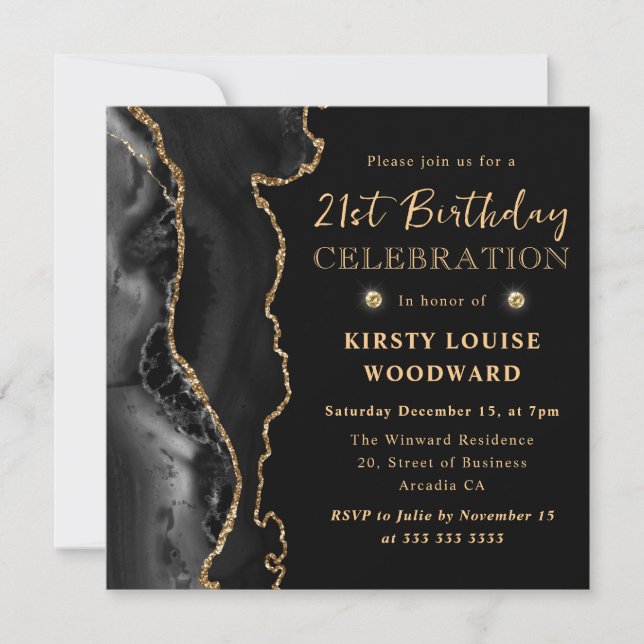 Invitación Elegante negro y Purpurina de oro Agate 21º cumple (Anverso)