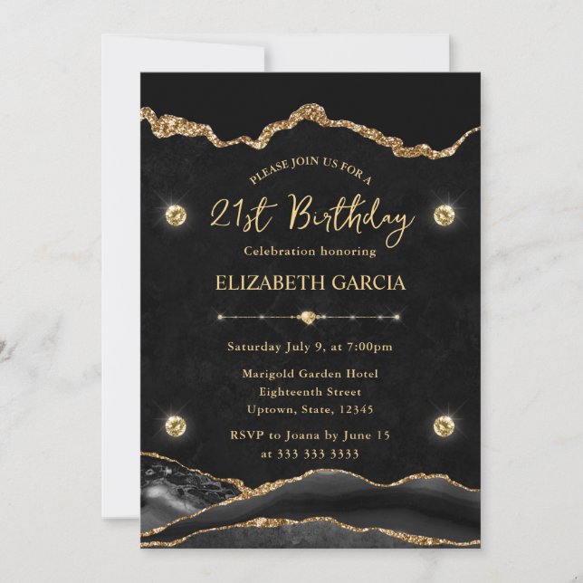 Invitación Elegante negro y Purpurina de oro Agate 21º cumple (Anverso)