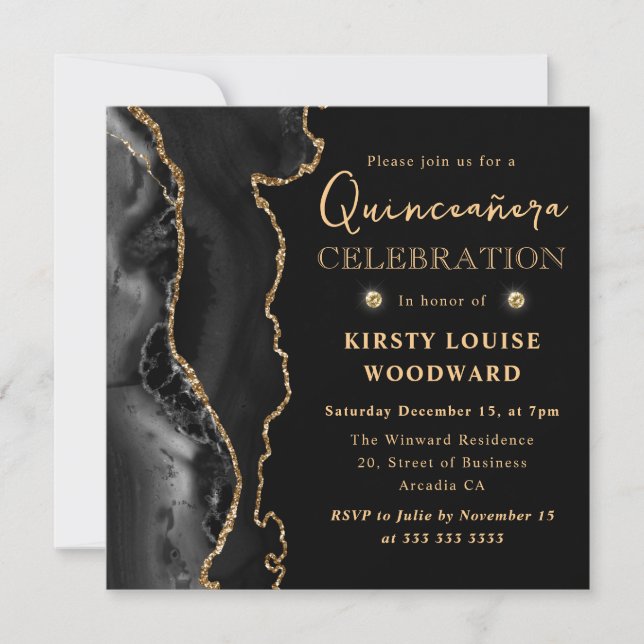Invitación Elegante negro y Purpurina de oro Agate Quinceaner (Anverso)
