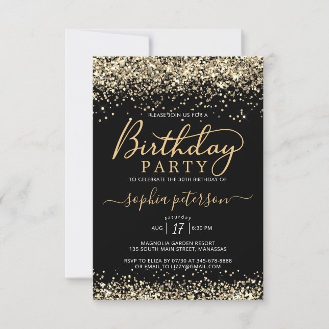 Invitación Elegante negro y Purpurina de oro Cualquier cumple (Anverso)