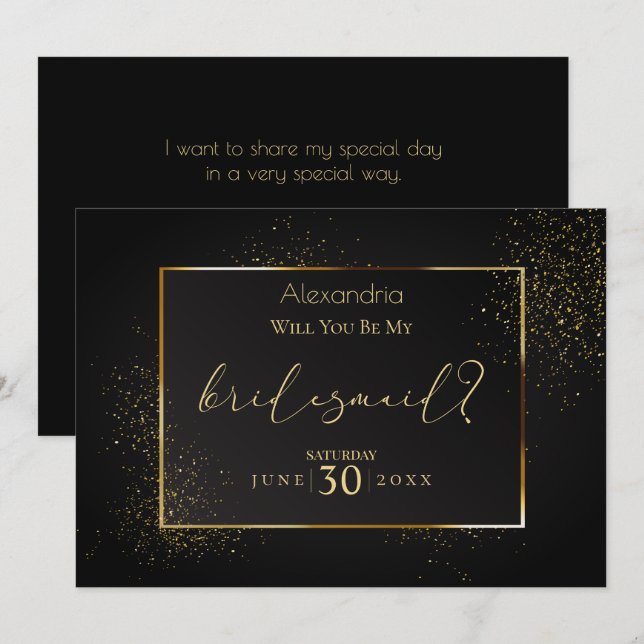 Invitación Elegante negro y Purpurina de oro sé mi dama de ho (Anverso / Reverso)