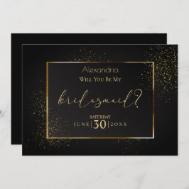 Invitación Elegante negro y Purpurina de oro sé mi dama de ho