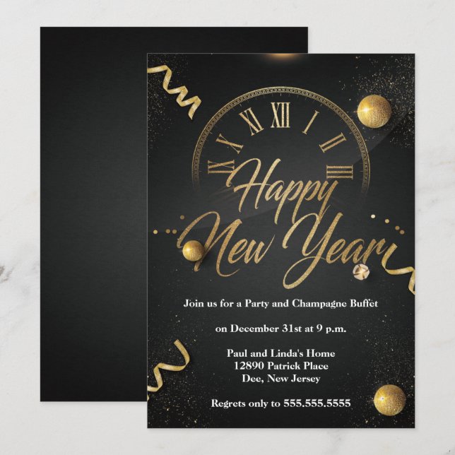 Invitación Elegante negro y Relieve metalizado dorado Fiesta  (Anverso / Reverso)