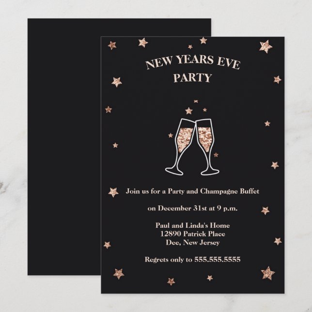 Invitación Elegante negro y Rosa Fiesta de Año Nuevo Año Nuev (Anverso / Reverso)