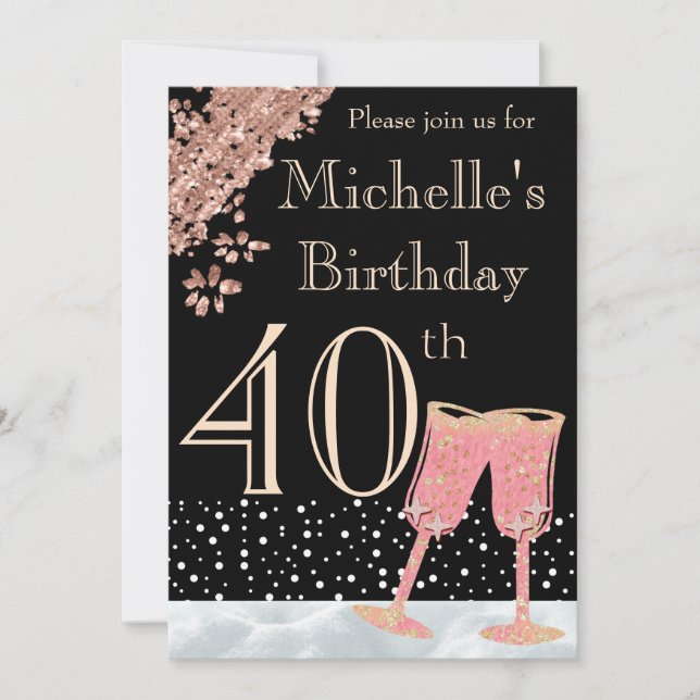 Invitación Elegante negro y Rosa oro 40 Fiesta de cumpleaños (Anverso)