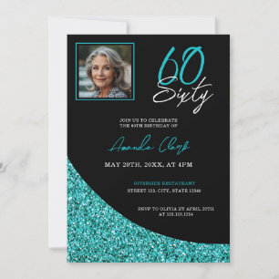 Invitación Elegante negro y Verde azulado Purpurina 60 cumple