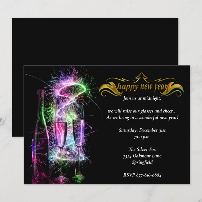 Invitación Elegante Neon Champagne Fiesta de Año Nuevo (Anverso / Reverso)