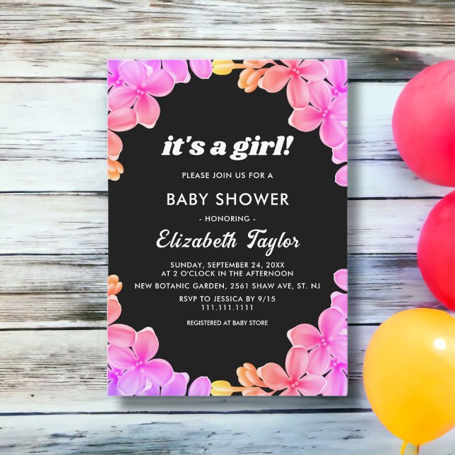 Invitación Elegante Neon Luces Rosas Chica Floral Baby Shower (Subido por el creador)