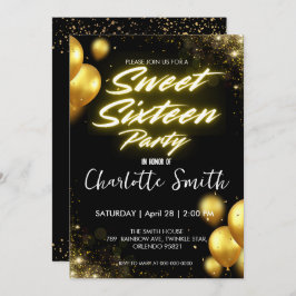 Invitación Elegante neón oro Balloo retro dulce 16 cumpleaños