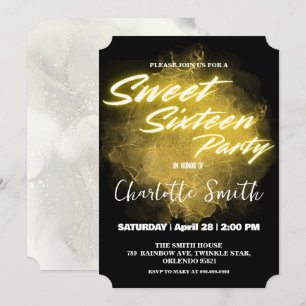 Invitación Elegante neón oro de mármol rosa Sweet 16º cumplea