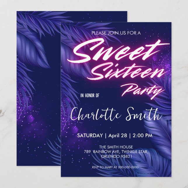 Invitación Elegante neón rosa Blue Leave Sweet 16th Birthday (Anverso / Reverso)