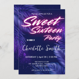 Invitación Elegante neón rosa Blue Leave Sweet 16th Birthday