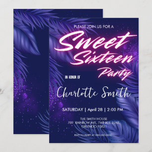 Invitación Elegante neón rosa Blue Leave Sweet 16th Birthday