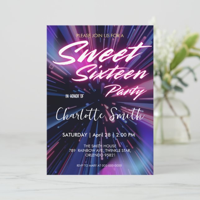 Invitación Elegante neón rosa retro negro dulce 16 cumpleaños (Anverso de pie)
