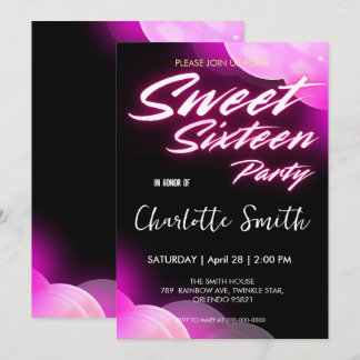 Invitación Elegante neón rosa retro negro dulce 16 cumpleaños