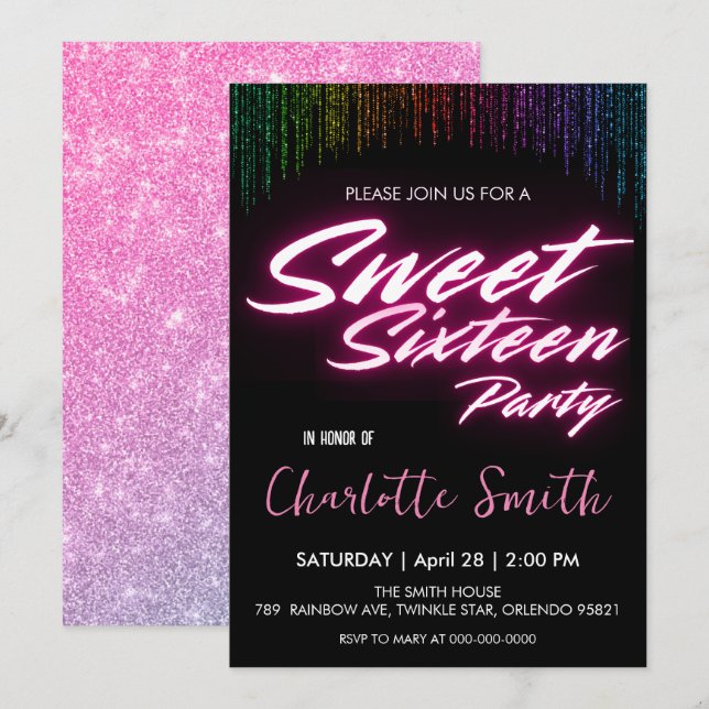 Invitación Elegante neón rosa retro negro dulce 16 cumpleaños (Anverso / Reverso)