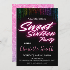 Invitación Elegante neón rosa retro negro dulce 16 cumpleaños
