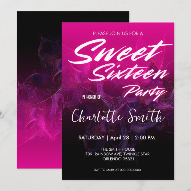 Invitación Elegante neón rosa retro negro dulce 16 cumpleaños (Anverso / Reverso)