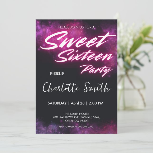 Invitación Elegante neón rosa Retro Sweet 16º cumpleaños niñi (Anverso de pie)