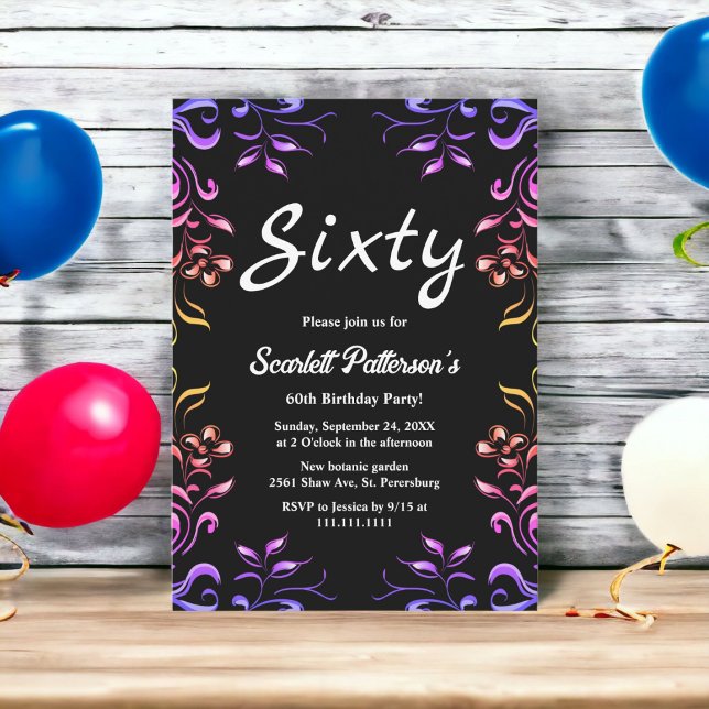 Invitación Elegante neón Rosas Black Floral 60 cumpleaños (Subido por el creador)